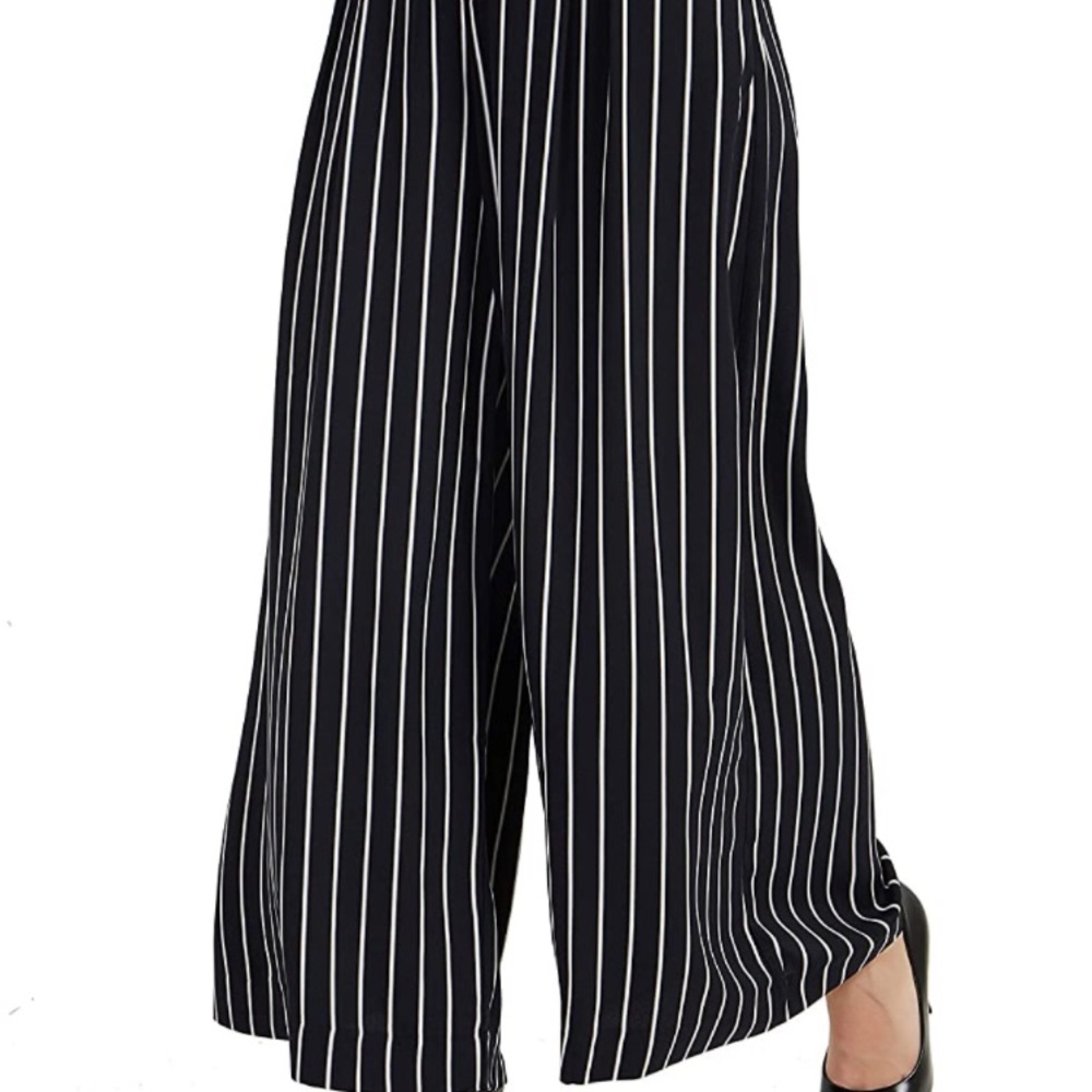 Black/White Striped Women High Waist Casual Wide Leg Palazzo Pants Trousers